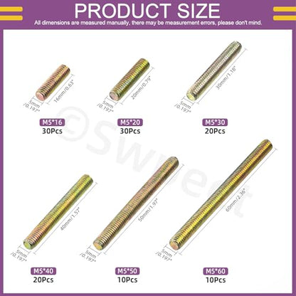 Swpeet 120Pcs 6 Sizes M5 x 16/20/ 30/40/ 50/ 60mm Galvanized Carbon Steel Fully Threaded Rod Assortment Kit, Threaded Rods Bar Studs for Furniture Machinery Assembly - style: M5