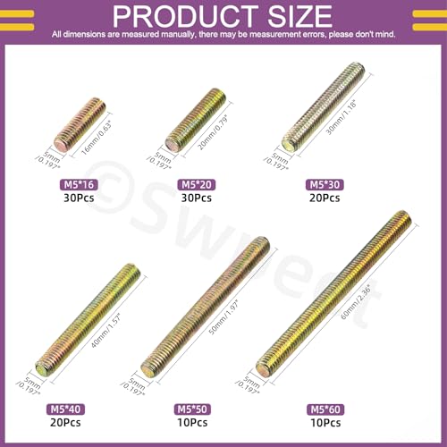 Swpeet 120Pcs 6 Sizes M5 x 16/20/ 30/40/ 50/ 60mm Galvanized Carbon Steel Fully Threaded Rod Assortment Kit, Threaded Rods Bar Studs for Furniture Machinery Assembly - style: M5
