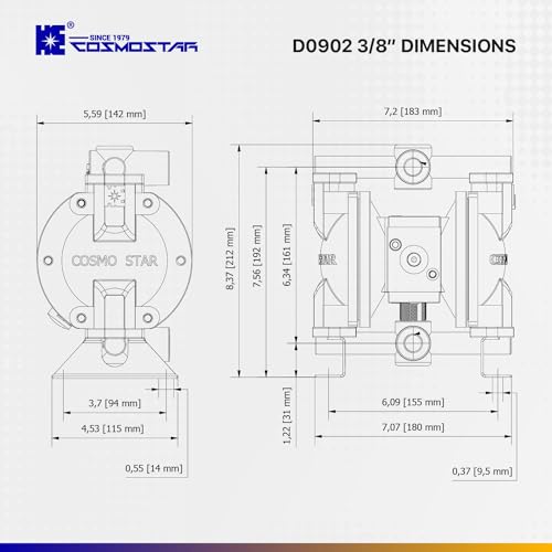 COSMOSTAR D0902 3/8" Double Air Diaphragm Pump, Aluminum Body, Teflon Ball, seat and Diaphragm, Pump Muffler, Pump, Chemical Pump, Waste Oil Pump, Pneumatic Oil Pump, Diaphragm Pumps - size: D0902 3/8" Aluminum