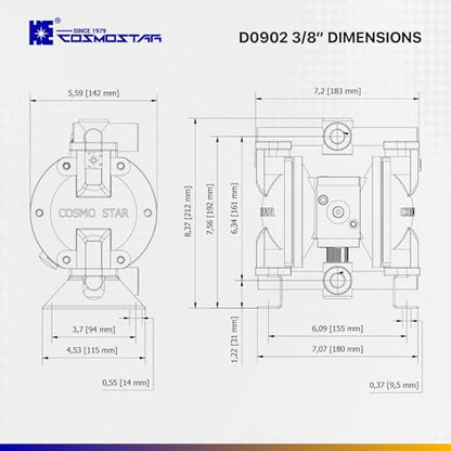 COSMOSTAR D0902 3/8" Double Air Diaphragm Pump, Aluminum Body, Teflon Ball, seat and Diaphragm, Pump Muffler, Pump, Chemical Pump, Waste Oil Pump, Pneumatic Oil Pump, Diaphragm Pumps - size: D0902 3/8" Aluminum