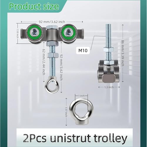 4-Wheel Silent Trolley Assembly, Heavy Duty Four Bearing Trolle Roller System with Bearings for Unistrut Channel, M10 Bolt and Eye Nuts, 1-5/8 Inch Compatible