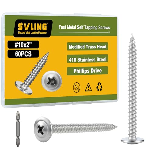 #10×2" Wood Screws Phillips Modified Truss Head Quick Metal,60Pcs Self Tapping Screws Stainless Steel 410,with Drive Bit - color: Silver Self Tapping, size: 10x2"