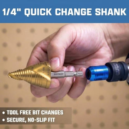 NEIKO 10637A Step Drill Bit, 3 Steps 7/8" to 1-7/32" Spiral High Speed Steel, Titanium Nitride Coated, 1/4” Quick Change Step Bits for Steel, Metal, Wood, Plastic, Unibit Cone Drill Bits, Two Flute - size: #11 (7/8 - 1-7/32", 3S), style: Spiral