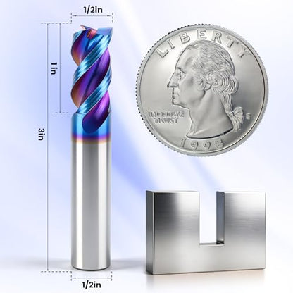 HQMaster Carbide Square End Mill with Nano Blue Coating, 1/2“ Shank 3 Flute End Mill, HRC 60 CNC Milling Bits Set for Aluminum, Copper, Magnesium Alloys & Composite Materials, 2-Pack - size: 1/2" x 1/2" x 1" x 3"