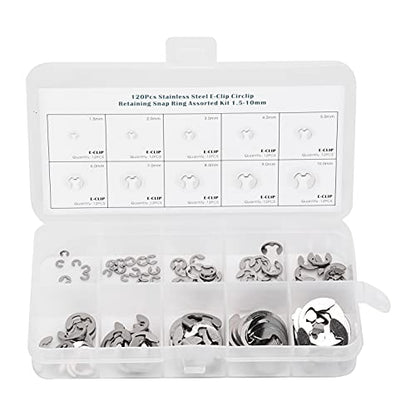 Metric E Clip Assortment, Burr Free External Retaining Rings Fastener Kit for Shaft Repair 304 Stainless Steel Silver 1.5mm to 10mm 120 Pieces