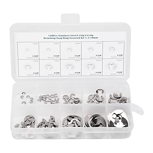 Metric E Clip Assortment, Burr Free External Retaining Rings Fastener Kit for Shaft Repair 304 Stainless Steel Silver 1.5mm to 10mm 120 Pieces