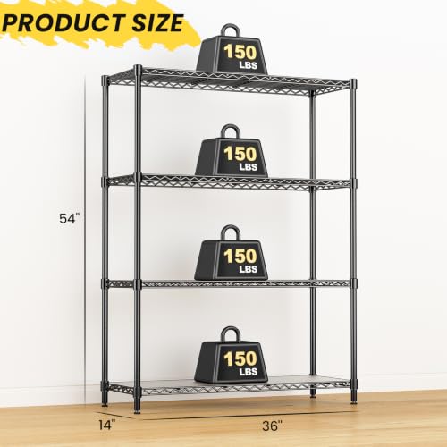 4-Tier Adjustable Storage Shelves 600LBS Heavy Duty Wire Shelving - color: Black, size: 36" W x 14" D x 54" H-4 Tier