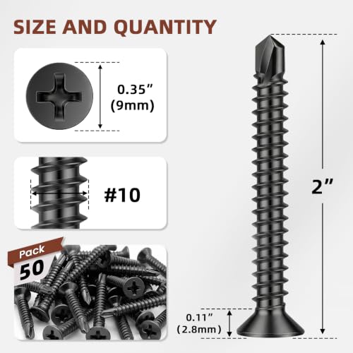 Mellewell #10 x 2 Black Flat Head Sheet Metal Screws, 50 PCS - color: Black, size: #10 x 2"