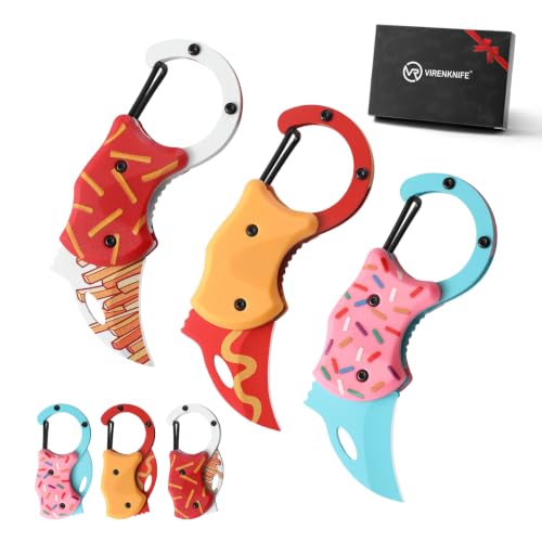 3 Pack Small Pocket Knife Gifts for Men & Women, Cool Folding Knife Box Cutter, Mini EDC Knives for Everyday Carry (Donut、Fries、Hot Dog) - color: Donut & Fries & Hot Dog