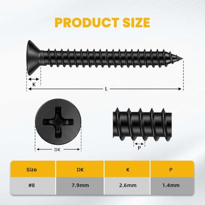 #8 x 1 Flat Head Wood Screw, Sheet Metal Screws, Stainless Steel 18-8 (304), Black Finish, 100 PCS - color: Black, size: #8 x 1"