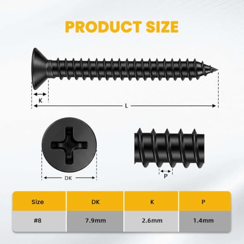 #8 x 1 Flat Head Wood Screw, Sheet Metal Screws, Stainless Steel 18-8 (304), Black Finish, 100 PCS - color: Black, size: #8 x 1"