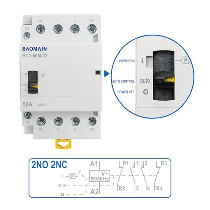 BAOMAIN 24V 4-Pole 50A Manual/Auto AC Contactor,2NO2NC,DIN Rail Mount