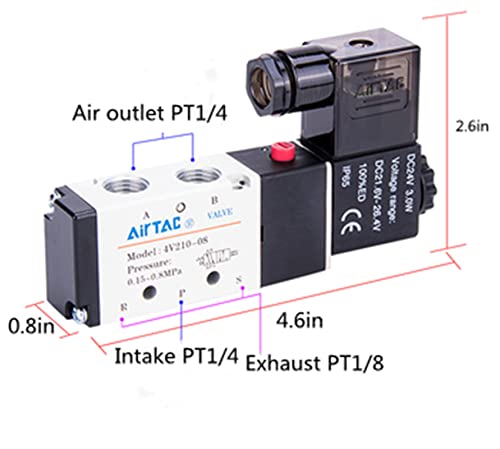 Solenoid Valve 1/4"PT Pneumatic AirTAC 4V210-08 Air 12V/24V/110V/220V Single Coil Pilot-Operated Electric 2 Position 5 Way Connection Type(4V210 PT1/4, DC12V) - size: 4V210 PT1/4, style: DC12V