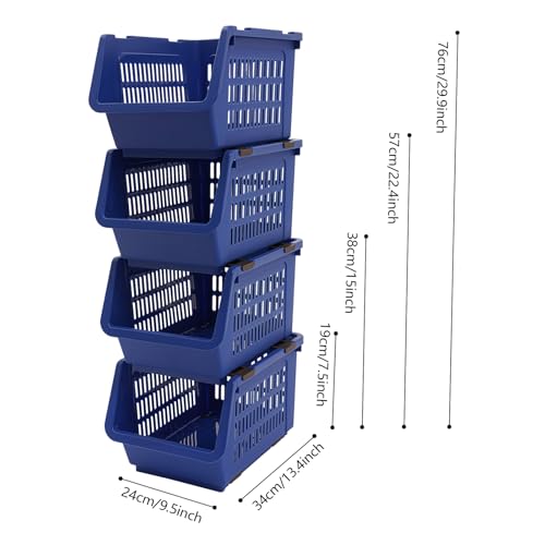 4 Pcs Open Front Stackable Storage Bins, PP Stacking Organizer Baskets with Rolling Wheels, Telescopic Buckles, Nestable, 38.58lbs Load (Blue) - color: Blue