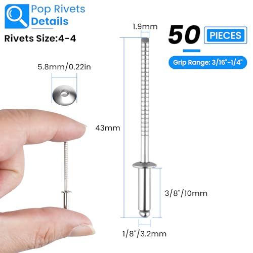 SDTC Tech Stainless Steel Blind Rivets 1/8" x 3/8" (4-4) Open End Type Pop Rivet Grip Range 3/16-1/4 inch (50 pack) - size: 4-4 50pack