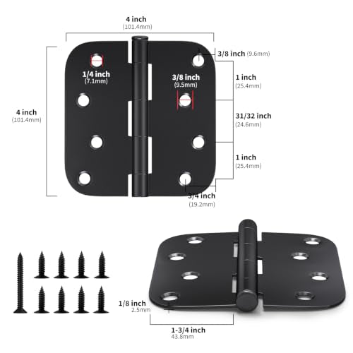 goldenwarm 12 Pack Interior and Exterior Door Hinges, Matte Black Door Hinges 4 inch x 4 inch with 5/8" Radius Corners - color: Matte Black