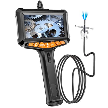 Two-Way Articulating Borescope with Light, 0.24in Industrial Endoscope Inspection Camera, 5-inch IPS Screen 5ft Waterproof Flexible Snake Tube 5000mAh Battery for Car Wall Pipeline Machine Maintenance
