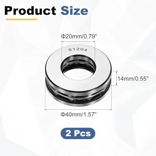 uxcell 2Pcs Thrust Ball Bearings, 20mm Bore 40mm OD 14mm Thick 51204 ABEC5 - size: 51204 20mm x 40mm x 14mm