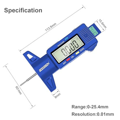 GODESON Digital Tire Tread Depth Gauge 25.4 mm Blue - color: Blue
