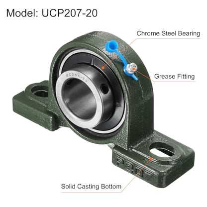uxcell 2pcs UCP207-20 Pillow Block Bearings 1-1/4 inch Bore Self Alignment, Solid Cast Iron Base Mounted Chrome Steel Bearings - size: UCP207-20
