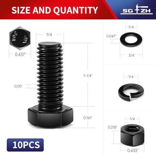 1/4-20 x 1-1/4" Hex Head Screw Bolt, Nuts, Flat & Lock Washers, 10Pcs 18-8 (304) Stainless Steel, Fully Threaded, Black Oxide by SG TZH - size: 1/4-20 x 1-1/4"