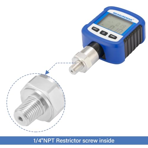 MEASUREMAN Digital Industrial Pressure Gauge 0-5000psi, 0.2% FS, 1/4'' NPT Lower, Stainless Steel Connection, Battery Powered, with Bluetooth and LCD Light - size: 0-5000psi