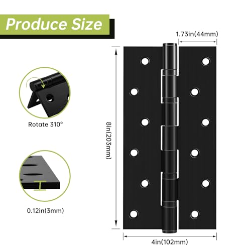 8" Ball Bearing Door Hinges 2 Pack, Heavy Duty Stainless Steel Hinge 8 x 4 Inch for Interior Exterior Doors, with Stainless Steel Screws, Matte Black - size: 8inch - 2 Pack