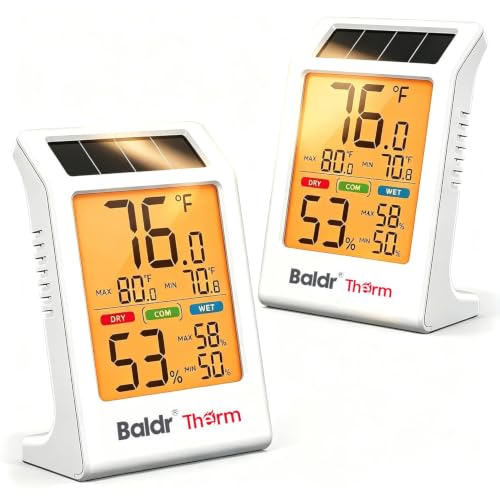 BALDR 2-Pack Indoor Thermometer Humidity Meter with Backlight Solar Powered - color: White Indoor Thermometer-2 Pack