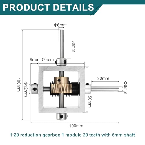 uxcell Gear Box 90 Degree Right Angle Worm Gearbox 1:20 Reduction Gearbox 1 Module 20 Teeth Worm Gear Aluminum Frame Simple Mechanical DIY Module with 6mm Shaft, 100x100x50mm(LxWxH) - size: 6mm Shaft, style: 1:20