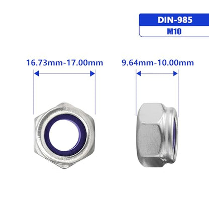 M10-1.5 Nylon Insert Lock Nuts, Stainless Steel 304 (18-8) Lock Nuts with Nylon Insert, 10pcs - color: Silver, size: M10-1.5
