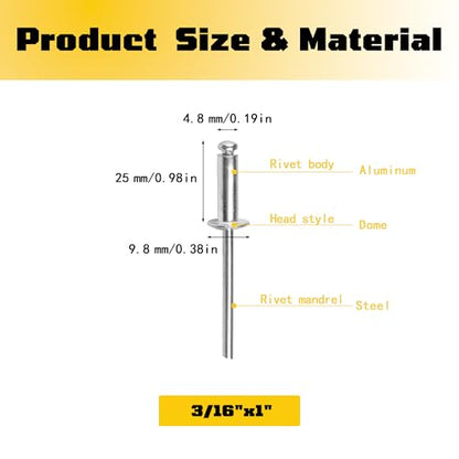 100 pack 3/16" x 1" Silver Pop blind Rivets, 4.8 mm x 25 mm pop rivets, Aluminum Body Steel Mandrel Rivets, Dome Head aluminum rivets (Choose Your Size) - size: 3/16" x 1"(4.8 mm x 25 mm)