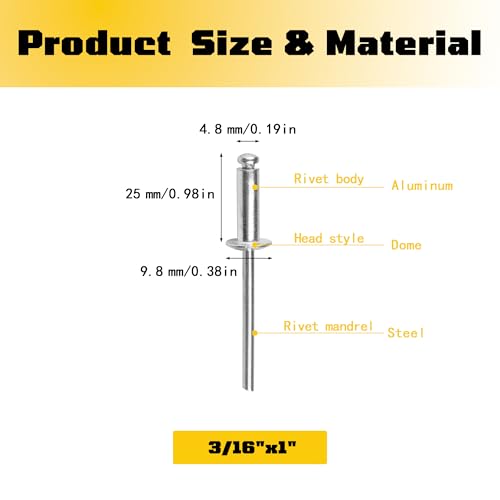 100 pack 3/16" x 1" Silver Pop blind Rivets, 4.8 mm x 25 mm pop rivets, Aluminum Body Steel Mandrel Rivets, Dome Head aluminum rivets (Choose Your Size) - size: 3/16" x 1"(4.8 mm x 25 mm)