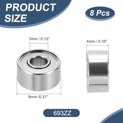 uxcell 8 Pack 693ZZ Deep Groove Ball Bearings, 3x8x4mm Chrome Steel Double Shield Bearing for Electric Motor, Home Appliances, Garden Machinery, (ABEC5) - size: 693ZZ