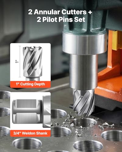 VEVOR Annular Cutter Set, 4 pcs Weldon Shank Mag Drill Bits Kit, 1" Cutting Depth, 1" Cutting Diameter, HSS, 2 Drill Bits with 2 Pilot Pins and Plastic Cases, for Magnetic Drills, Steel, Aluminum - size: 1" * 1"
