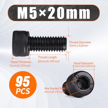 M5 x 20mm Hex Socket Cap Head Screws Bolts, 95pcs Grade12.9 Machine Screws - size: M5x20mm