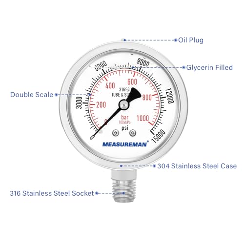 MEASUREMAN Fully Stainless Steel Hydraulic Glycerin Filled Pressure Gauge, 2-1/2" Dial Size,0-15000psi/bar,1/4" NPT Lower Mount - size: 0-15000 psi, style: Lower Mount(100% Stainless Steel)