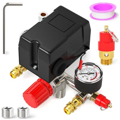 1 Way Air Compressor Pressure Switch Control Valve Kit 95-125 PSI, 110V-240V Replacement Parts, With 0-180 Pressure Gauge and Manifold Regulator - size: 95-125 PSI