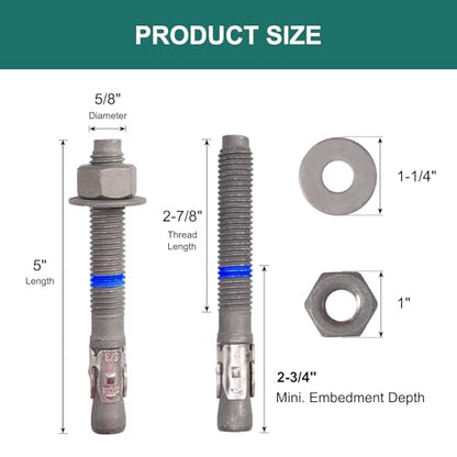 5/8" x 5" Concrete Anchors (20 Pack) 5/8 inch Wedge Anchors Bolts Hot Dip Galvanized - size: 5/8"x5" (20 PCS)