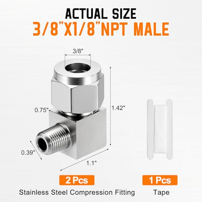 2 Pack 90°Elbow 3/8" OD Compression x 1/8" NPT Male Union Connector - size: 3/8"OD Compression x 1/8" NPT Male