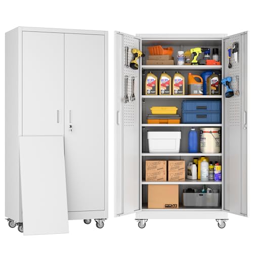 White Metal Garage Storage Cabinet with Wheels and Pegboard, 71 in. - color: White, size: 18"D x 34"W x 71"H