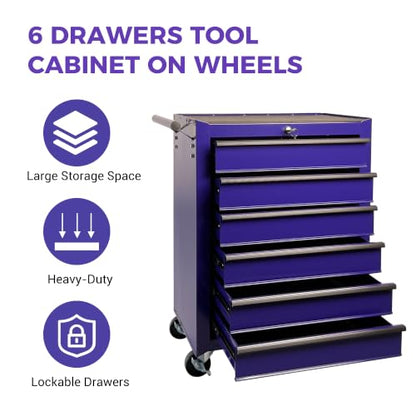 Rolling Metal Tool Chest with 6 Drawers, 20" 6-Drawer Tool Chest Cabinet with Ball Bearing Drawer Slides, Steel Tool Storage Box Organizer -Purple - color: Purple-6