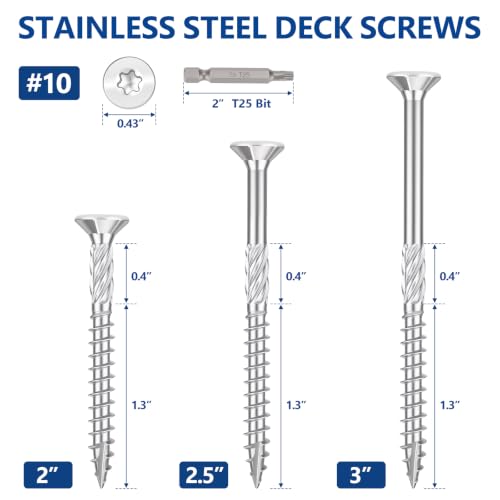 #10x2-1/2 inch Stainless Steel Deck Screws 240 PCS Wood Screws with T25 Bit - size: #10*2-1/2"-240pcs