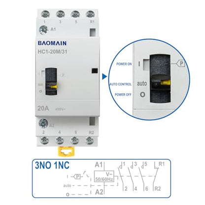 BAOMAIN 110V 4-Pole 20A Manual/Auto AC Contactor,3NO1NC,DIN Rail Mount
