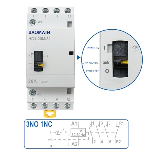 BAOMAIN 110V 4-Pole 20A Manual/Auto AC Contactor,3NO1NC,DIN Rail Mount