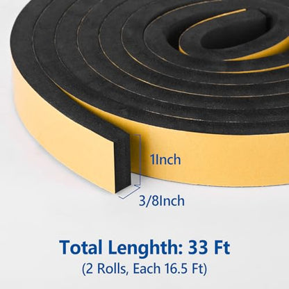 Self Adhesive Foam Tape Weatherstrip 1in x 3/8in x 33Ft High Density Foam Insulation Strips Foam Seal Weather Stripping with Strong Adhesive for Door and Window Sound Isolation Soundproofing - size: 1in x 3/8in x 33Ft