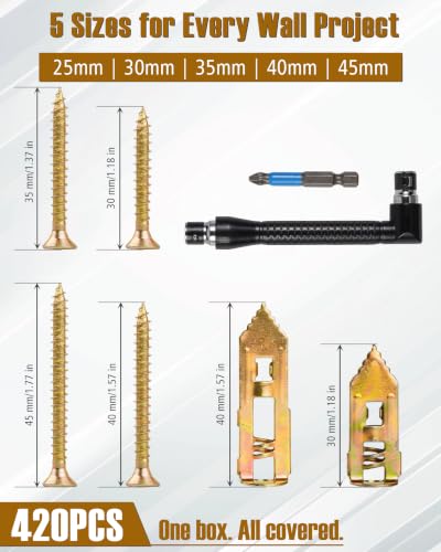 420pcs 4 Sizes Self Drilling Drywall Anchors with Screws Kit, Heavy Duty Zinc Alloy Hollow Wall Anchors, Sheetrock Plasterboard Anchors 0.47x1.18inch, No Drill Self Tapping Dry Wall Screw Anchor Set - size: 420Pcs 4 Size Kit