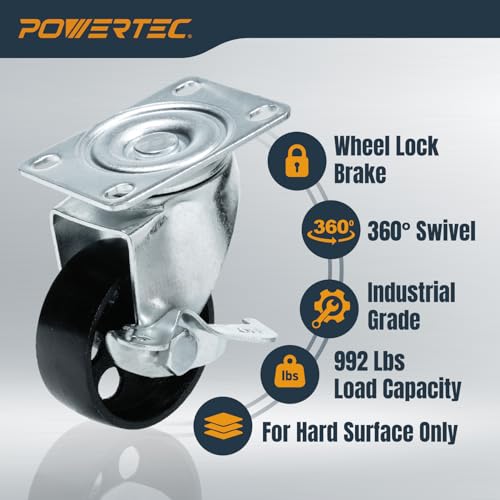 POWERTEC 3 Inch Cast Iron Swivel Caster Wheels Set of 4, Heavy Duty 992 lbs Loads, Plate Casters - 2 with Brake & 2 Without, for Cart, Dolly and Workbenches (17225) - size: 3 Inch, Swivel, Mixed Lock, Cast Iron