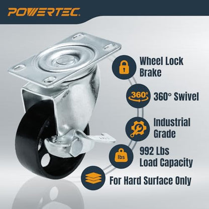 POWERTEC 3 Inch Cast Iron Swivel Caster Wheels Set of 4, Heavy Duty 992 lbs Loads, Plate Casters - 2 with Brake & 2 Without, for Cart, Dolly and Workbenches (17225) - size: 3 Inch, Swivel, Mixed Lock, Cast Iron