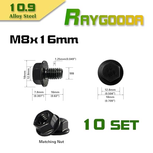 M8-1.25x16mm Flange Bolt and Nut Kit 10set-Grade 10.9 Alloy Steel, Black Zinc, Full Thread, Serrated Self-Locking, Vibration Resistant for Automotive, Machinery & Heavy Duty - size: M8x16mm(10 Sets)