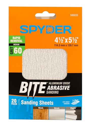 Spyder 20-Sheets Aluminum Oxide 60 Grit Sandpaper, for 1/4-Sheet Palm Sander, 4.5 x 5.5 Inch, Wet Dry Abrasive for Wood, Metal, Plastic (500033)